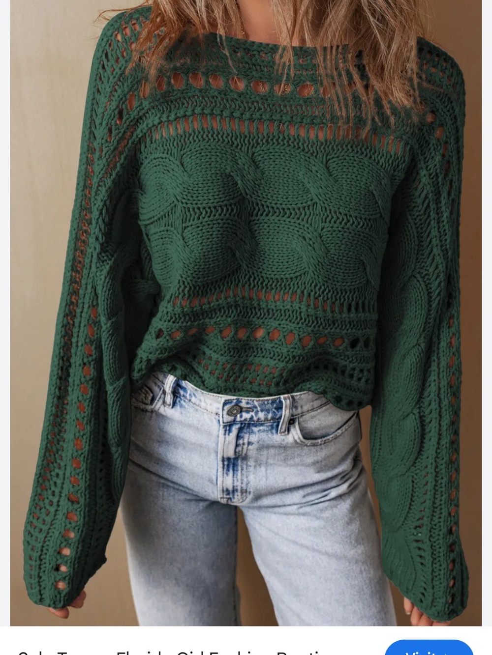 Women's Green Open-Knit Cable Sweater